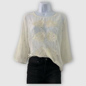 Mango 234 Woman Cream Floral Embroidered Mesh Sheer Blouse Boho Top Size L